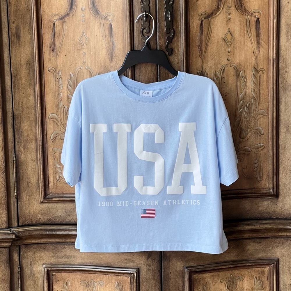 Zara Girls USA Graphic Cropped Boxy Tee NWOT Light Blue Size 13/14 Fits 12